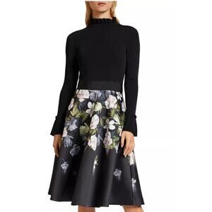 Ted Baker Nerida Floral Print Fit and Flare Contrats Dress Size S Long Sleeves